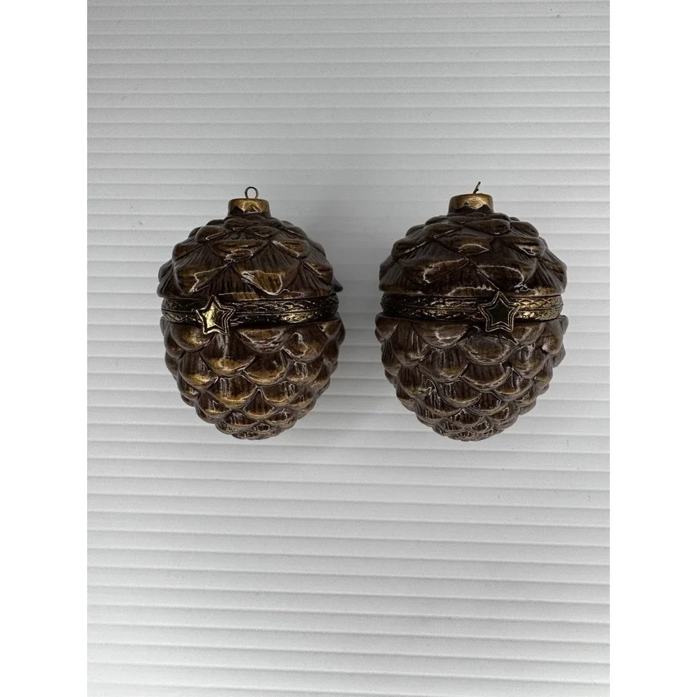 Set Of 2 Pinecone Hinged Trinket Box Ornaments Fall Decor Brown Gold Holiday